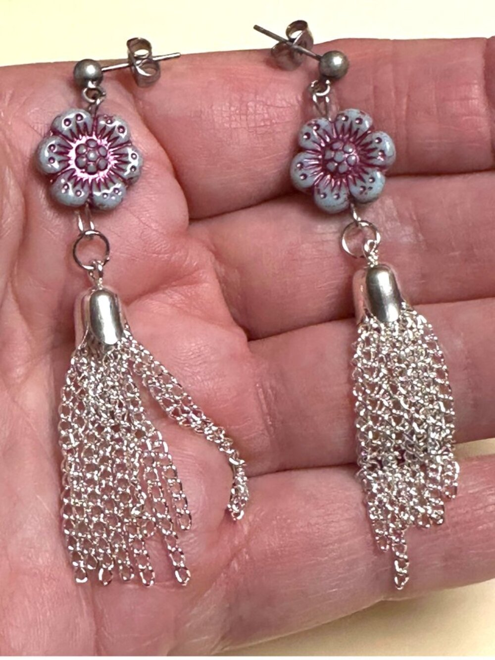 Silver Tassel Earrings Czech Glass Flower Floral Dangle Stainless Steel - Picture 3 of 9